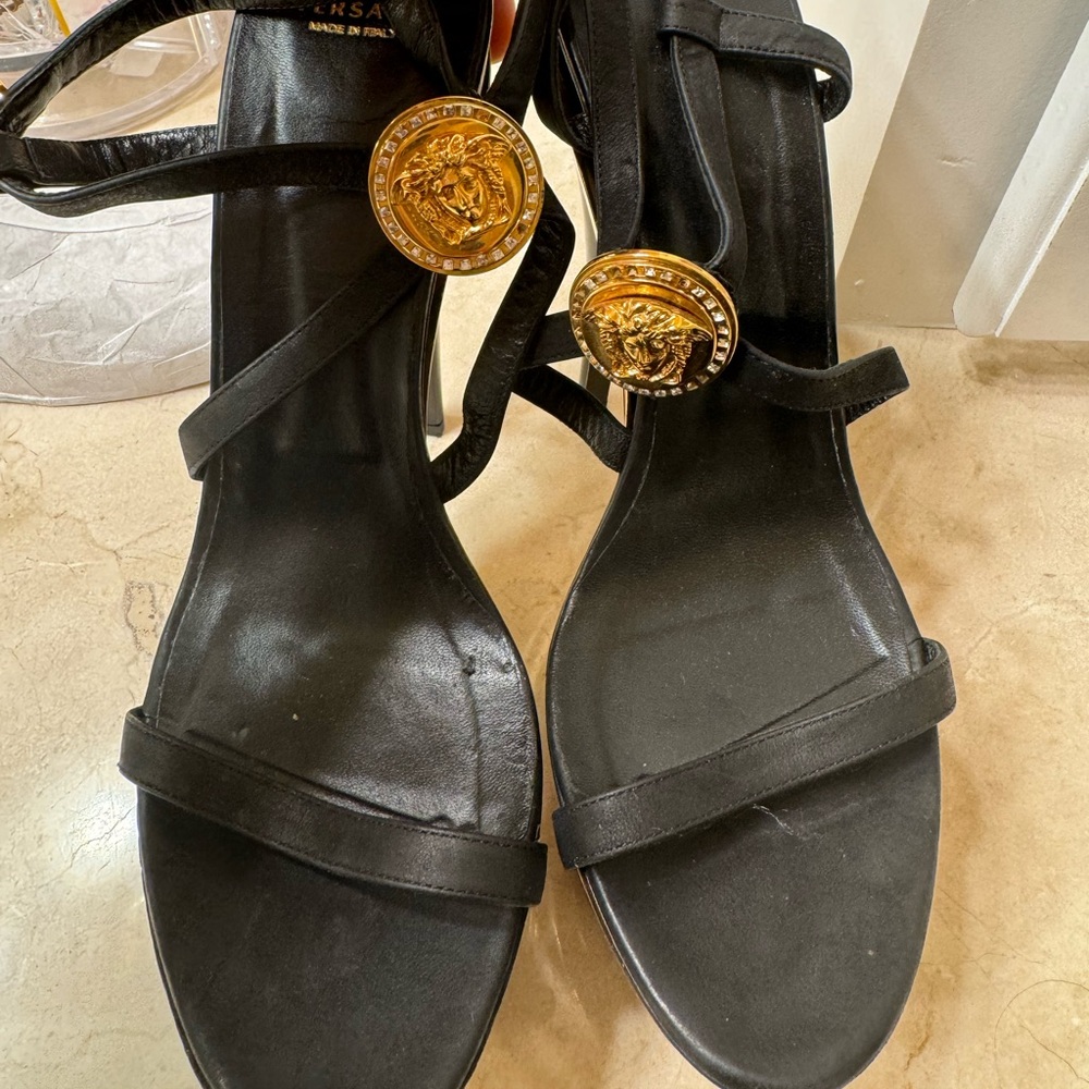 VERSACE Triple Platform Black Gold Medusa Swarovski Crystals Sandals 9